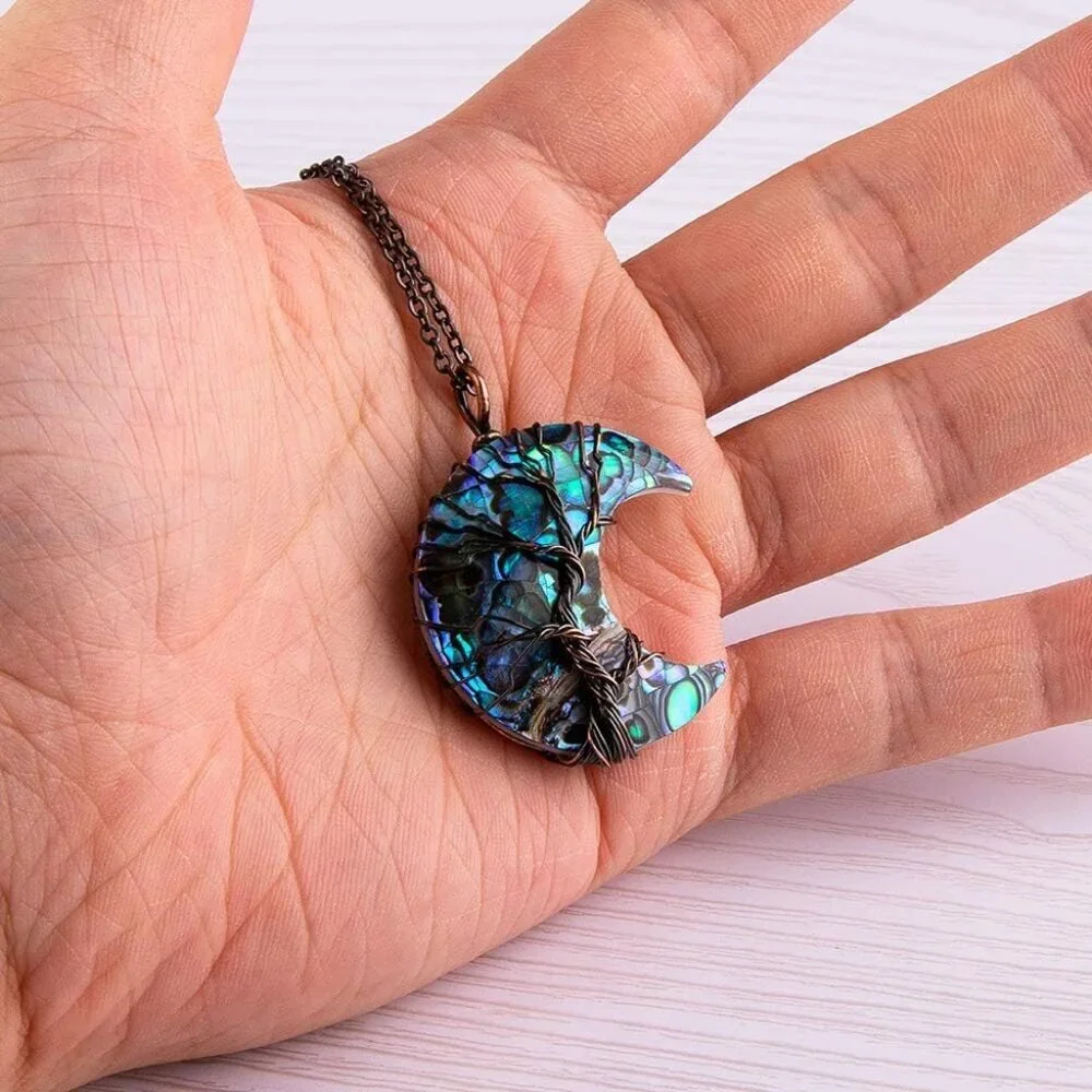 Witch Moon Necklace Copper Wire Abalone Crystal Pendant Natural Stones